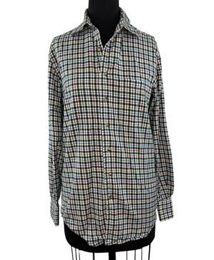 PAUL STUART Green Flannel Shirt Cotton Plaid Curved Hem Button-Up Size Small S